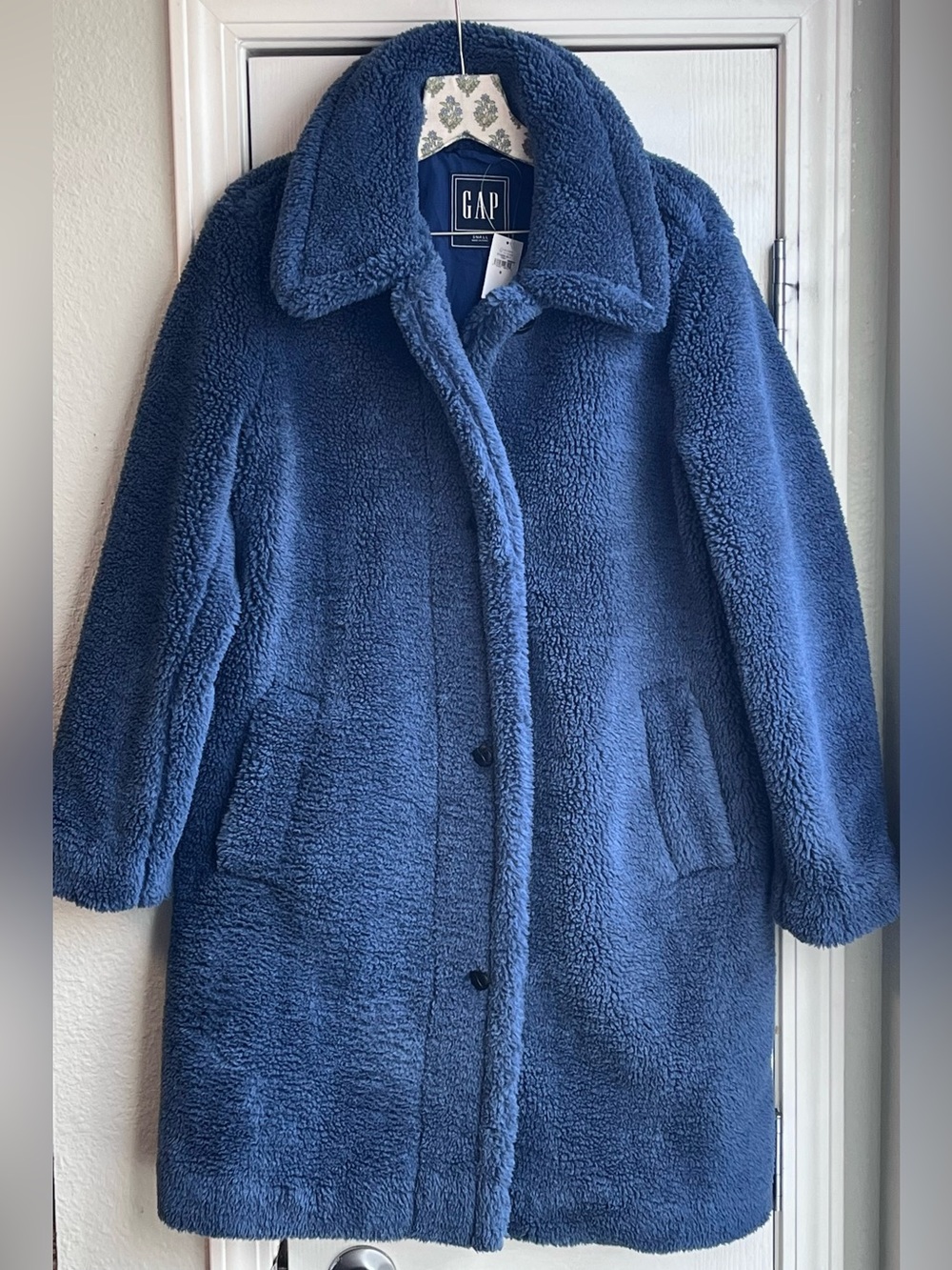 NWT GAP Blue Sherpa Teddy Bear Long Overcoat Trench Jacket Oversized Size Small